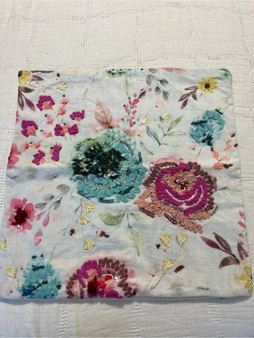 Elie Tahari Floral Appliqué Accent Pillow Cover in Teal, Pink & Cream